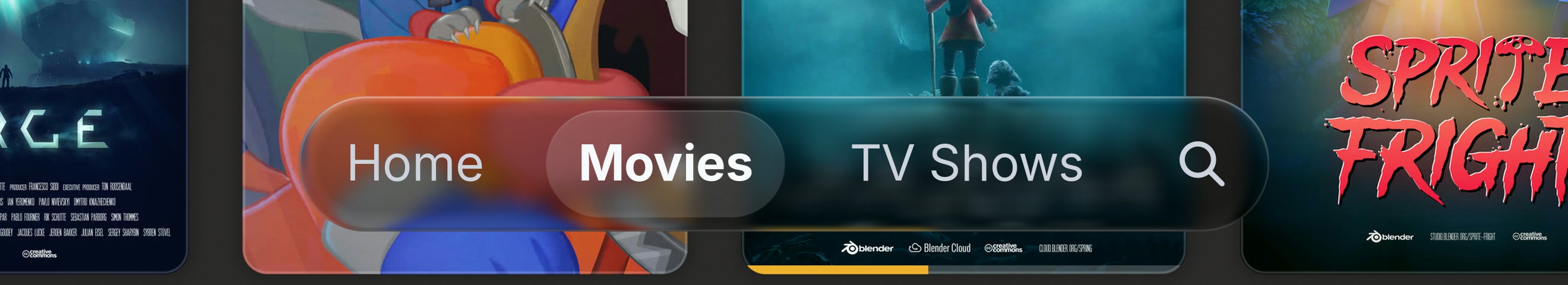 Close-up of the translucent tab bar blurring the posters behind it